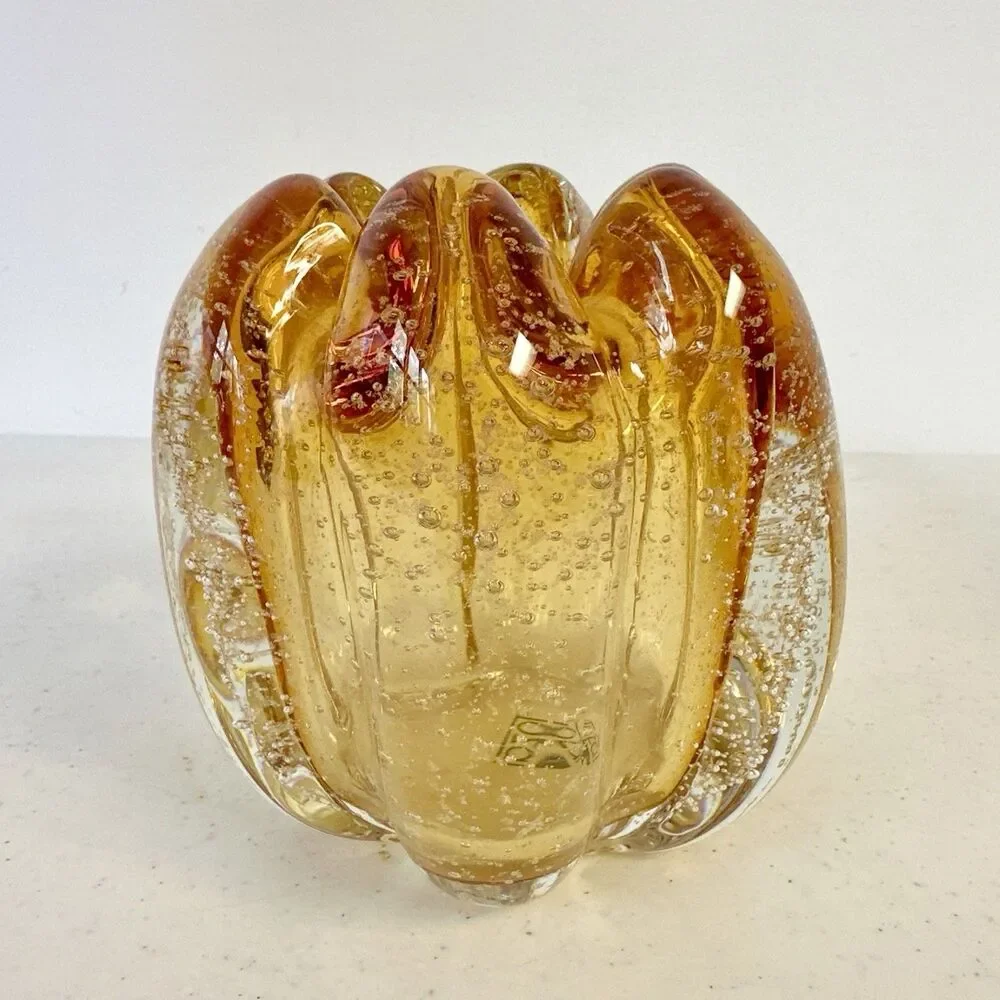 Amber‎ Heavy Art Glass Bowl By Tozai Vase Multiple Bubbles Ribbon Rim - Picture 2 of 7